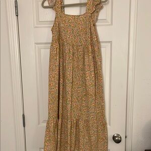 Gold and Pink Midi Sundress with Smocked Bodice and Flutter Sleeves
